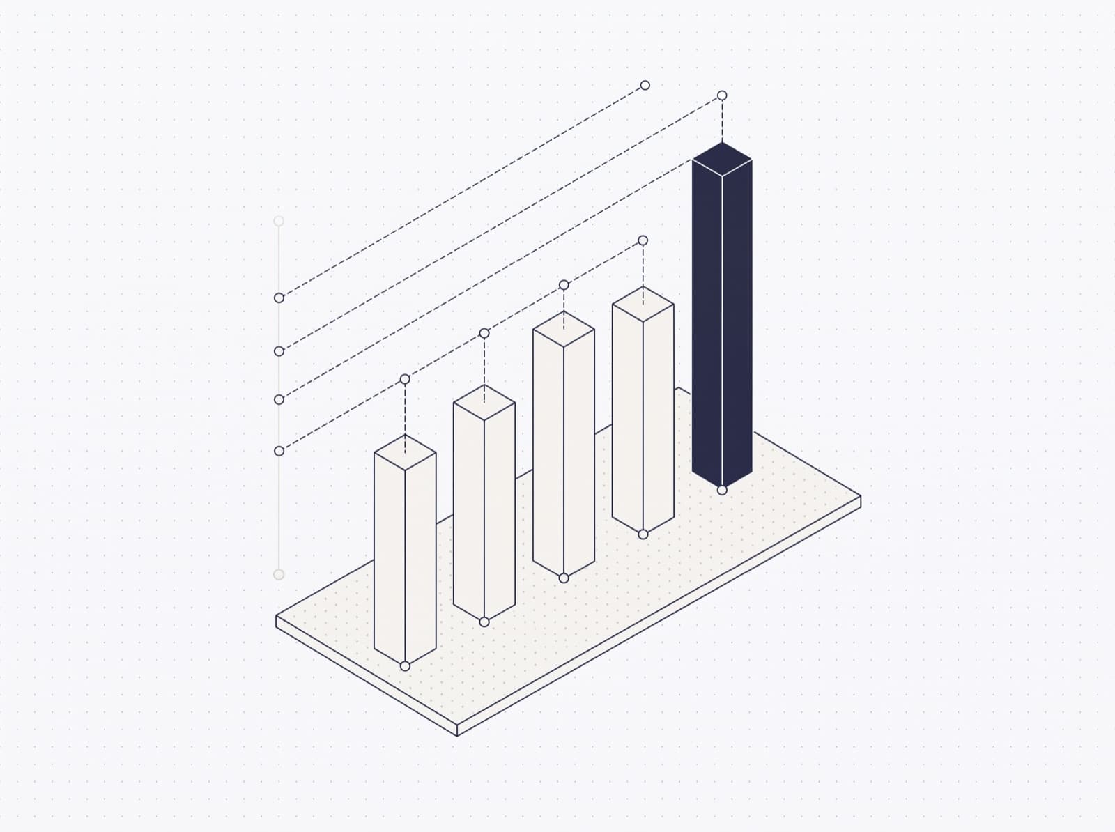 A schematic bar chart, the tallest bar in navy.