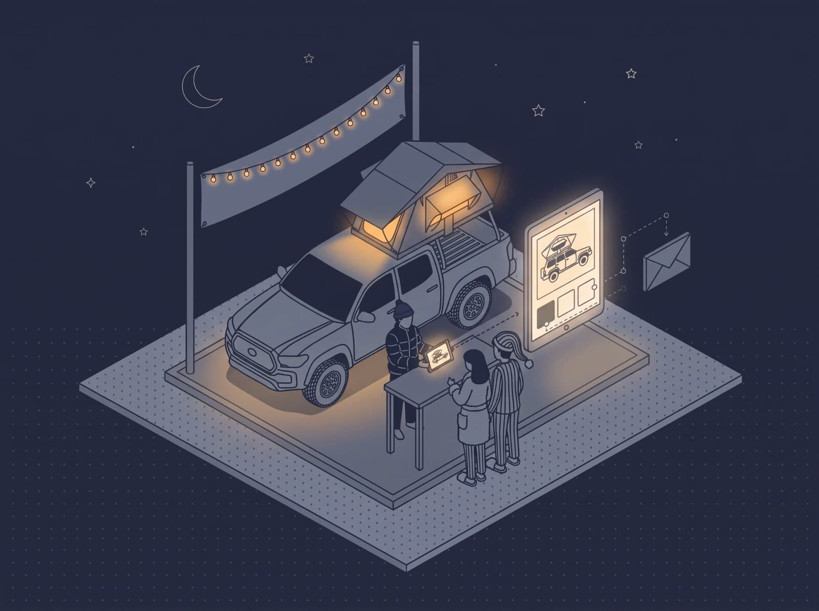 A pickup with a rooftop tent open on an expo stand. A salesperson shows a couple the configurator on a tablet, and a dashed line runs from it to an envelope.