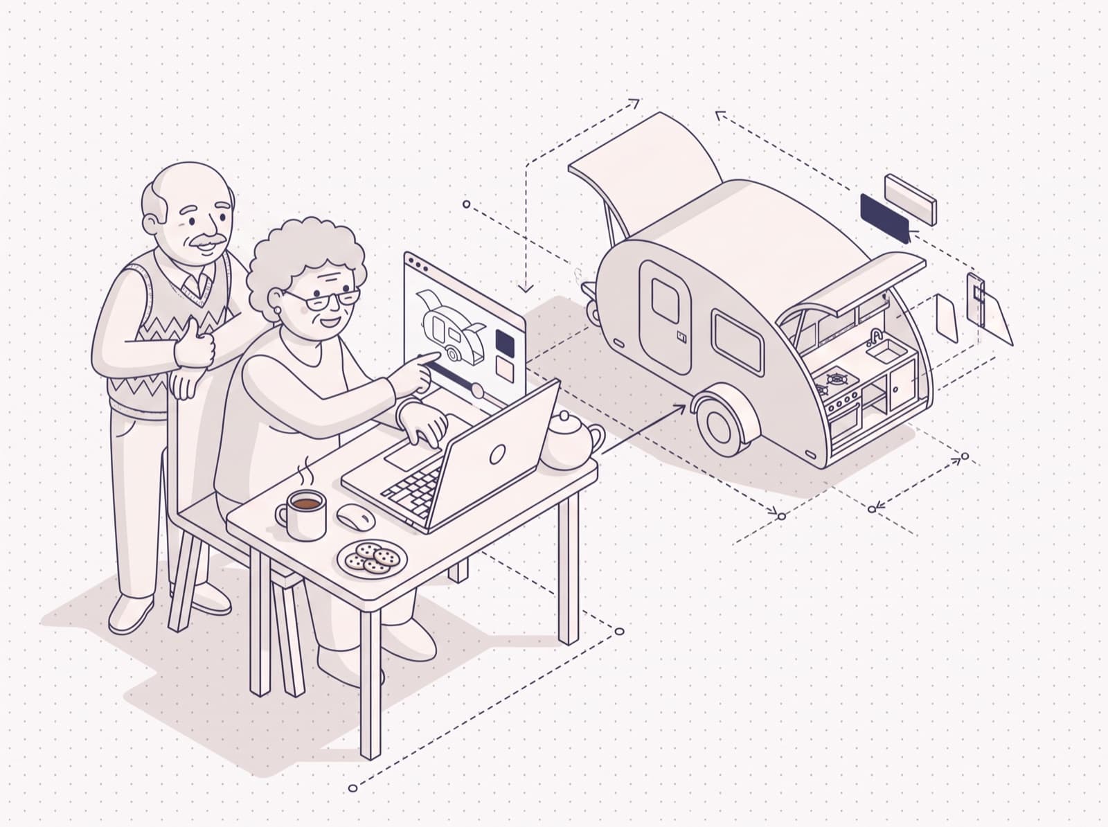 An older couple at a desk with tea and biscuits: she moves a slider on the laptop, he gives a thumbs up, and the teardrop trailer beside them updates.